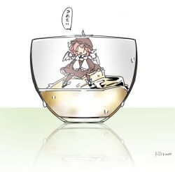 Rule 34 | 1girl, alcohol, animal ears, bird ears, bird wings, black footwear, brown dress, brown hat, brown socks, champagne, cup, dress, drinking glass, fifiruu, frilled dress, frills, full body, hat, ice, in container, in cup, long sleeves, mystia lorelei, open mouth, pink hair, shoes, short hair, signature, socks, solo, speech bubble, touhou, translation request, white wings, winged footwear, winged hat, wings