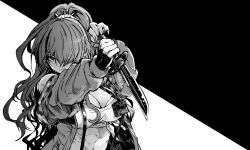 Rule 34 | 1girl, absurdres, arms up, breasts, cleavage, fingerless gloves, gloves, greyscale, hair over one eye, highres, holding, holding knife, jacket, knife, lain paterson, lain paterson (1st costume), large breasts, long hair, long sleeves, monochrome, nijisanji, open clothes, open jacket, ponytail, sakayama shinta, shirt, simple background, solo, upper body, virtual youtuber