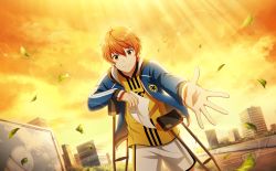 Rule 34 | 1boy, ahoge, aoi yusuke, building, fingernails, hair between eyes, highres, holding, holding paper, hood, hoodie, idolmaster, idolmaster side-m, idolmaster side-m live on stage!, jacket, long sleeves, male focus, official art, orange eyes, orange hair, outstretched hand, paper, shorts, smile, striped clothes, striped jacket, sunlight, sunset, white shorts