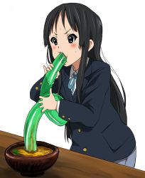 Rule 34 | 1girl, akiyama mio, bad id, bad pixiv id, black dress, black eyes, black hair, dress, drinking, drinking straw, eating, food, k-on!, noodles, oral, pinky out, ramen, school uniform, sexually suggestive, simple background, solo, sweat, uniform, watanore, what, white background, you&#039;re doing it wrong