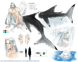 Rule 34 | ..., 1boy, abs, arm support, bright pupils, character name, claws, facing to the side, facing viewer, final fantasy, final fantasy vii, fins, fish tail, gills, glaring, green eyes, grey hair, height chart, highres, in water, long bangs, long hair, looking to the side, male focus, merman, monster boy, monsterification, multiple views, no nipples, parted bangs, partially colored, pectorals, sephiroth, shark boy, shark tail, sharp teeth, slit pupils, tail, teeth, tomowowo, toned, toned male, tumblr username, underwater, very long hair, webbed hands, wet, wet hair, white background