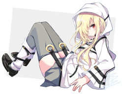 Rule 34 | 1girl, 9-nine-, \||/, absurdres, black footwear, blonde hair, blush, closed mouth, commentary, from side, frown, full body, garter straps, ghost (9-nine-), grey background, grey skirt, grey thighhighs, hair over one eye, highres, hood, hood up, hoodie, knees up, legs together, loafers, long bangs, long hair, long sleeves, looking at viewer, miniskirt, pleated skirt, red eyes, shoes, signature, simple background, sitting, skirt, socks, solo, thighhighs, twitter username, two-tone background, usetsusakon2, white background, white hoodie, white socks, wide sleeves, zettai ryouiki