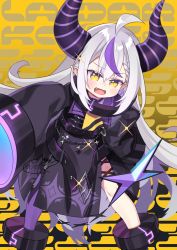 Rule 34 | 1girl, :d, ahoge, belt, blush, braid, fangs, grey hair, hand on own hip, highres, hololive, horns, la+ darknesss, long hair, negi (ulog&#039;be), open mouth, pointy ears, purple hair, purple legwear, sleeves past wrists, smile, solo, very long hair, virtual youtuber, yellow eyes