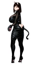 Rule 34 | 1girl, 2022, animal ears, animal hands, ass, black hair, bodysuit, breasts, cat ears, cat girl, cat paws, cat tail, clothing cutout, commentary, commission, english commentary, from side, full body, gloves, heart cutout, high heels, highres, huge breasts, legs, looking at viewer, looking back, medium hair, mole, mole under eye, original, parted lips, paw gloves, see-through, skin tight, solo, standing, tail, tail through clothes, thighs, transparent background, yellow eyes, zcune