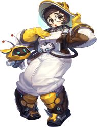 Rule 34 | 1girl, beekeeper mei, black-framed eyewear, boots, breasts, brown eyes, brown footwear, brown hair, canister, drone, elbow gloves, floating, full body, gamza, glasses, gloves, hand on headwear, hand on own chest, hands up, helmet, highres, hose, knee boots, legs apart, lips, looking at viewer, machinery, mei (overwatch), official alternate costume, overwatch, overwatch 1, parted lips, pink lips, robot, round eyewear, shoes, snowball (overwatch), solo, spiked shoes, spikes, standing, swept bangs, teeth, white background, yellow gloves