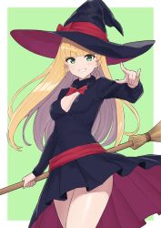 Rule 34 | 1girl, black dress, black hat, blonde hair, blunt bangs, blush, border, bow, bowtie, broom, cleavage cutout, clothing cutout, dress, green background, green eyes, hat, heanna sumire, highres, holding, holding broom, long hair, long sleeves, looking at viewer, love live!, love live! superstar!!, m/, red bow, red bowtie, smile, solo, upper body, white border, witch hat, yutou (u too p)