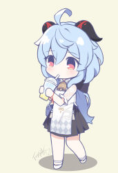 Rule 34 | 1girl, ahoge, bell, black skirt, blue hair, brown background, chibi, china dress, chinese clothes, commentary request, cup, disposable cup, dress, drinking straw, full body, ganyu (genshin impact), ganyu (heytea) (genshin impact), genshin impact, holding, holding cup, horns, langbazi, long hair, neck bell, pleated skirt, see-through, see-through sleeves, shadow, shoes, short sleeves, signature, simple background, skirt, solo, very long hair, white footwear