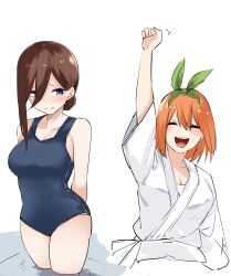Rule 34 | 2girls, :d, absurdres, alternate hairstyle, arm up, arms behind back, bare shoulders, blue eyes, blue one-piece swimsuit, blush, breasts, brown hair, cleavage, clenched hand, closed eyes, closed mouth, commentary request, cowboy shot, curvy, eyebrows hidden by hair, furrowed brow, go-toubun no hanayome, green ribbon, hair between eyes, hair over one eye, hair ribbon, highres, japanese clothes, kimono, large breasts, long hair, long sleeves, looking to the side, mame1645, multiple girls, nakano miku, nakano yotsuba, one-piece swimsuit, open mouth, orange hair, partially submerged, ribbon, round teeth, school swimsuit, shy, siblings, simple background, sisters, smile, standing, straight hair, swimsuit, teeth, thighs, twins, upper teeth only, v-shaped eyebrows, victory pose, white background, white kimono, wide sleeves