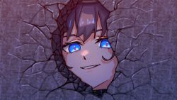 Rule 34 | 1girl, black hair, blue eyes, crack, cracked wall, grin, highres, hole in wall, hololive, hololive english, looking at viewer, ouro kronii, red pupils, shingeki no kyojin, smile, solo, teeth, virtual youtuber, wall, yuutomeh