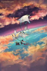 Rule 34 | cloud, commentary, english commentary, fish, highres, horizon, manta ray, no humans, ocean, original, sky, star (sky), starry sky, sunset, third-party source, watermark, web address, yuumei