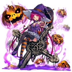 Rule 34 | 1girl, action taimanin, artist request, blush, breasts, claw pose, dress, elbow gloves, frilled dress, frills, gloves, halloween, halloween costume, hands up, hat, lilith-soft, long hair, looking at viewer, official art, open mouth, purple dress, red hair, shiny skin, small breasts, solo, standing, su jinlei, taimanin (series), taimanin rpgx, witch, witch hat