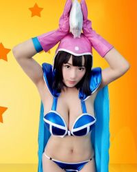 Rule 34 | 1girl, arms up, black hair, breasts, brown eyes, chi-chi (dragon ball), chi-chi (dragon ball) (cosplay), clothes, cosplay, dragon ball, elbow gloves, female focus, gloves, highres, large breasts, looking at viewer, model, pink gloves, shibuya kaho, simple background, solo