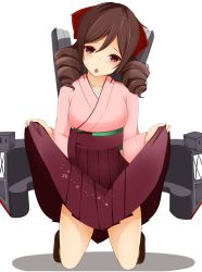 Rule 34 | 10s, 1girl, bad id, bad pixiv id, brown hair, cain (inosennto007), clothes lift, drill hair, hakama lift, harukaze (kancolle), highres, japanese clothes, kantai collection, kimono, kneeling, long hair, looking at viewer, machinery, meiji schoolgirl uniform, shadow, simple background, solo, white background