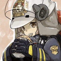 Rule 34 | 1girl, arknights, beige background, blackma (pagus0012), bread, breath, brown eyes, brown hair, cheese trail, commentary, eating, english commentary, fire helmet, firefighter jacket, firefighter, food, gloves, jacket, long sleeves, looking at viewer, portrait, shaw (arknights), solo, sweat