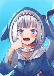 Rule 34 | 1girl, absurdres, animal costume, animal hood, blue background, blue eyes, blue hair, blue hoodie, blunt bangs, blush, collarbone, commentary, drawstring, eyes visible through hair, finger in own mouth, fins, fish tail, gawr gura, gawr gura (1st costume), highres, hololive, hololive english, hood, hood up, hoodie, kuro kinkan, looking at viewer, medium hair, mouth pull, multicolored hair, open mouth, shark costume, shark girl, shark hood, shark tail, sharp teeth, silver hair, simple background, smile, solo, streaked hair, tail, teeth, virtual youtuber, wide sleeves