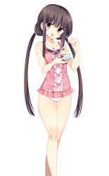 Rule 34 | 1girl, alternate hairstyle, bare shoulders, black hair, blush, breasts, brown eyes, center frills, collarbone, food, frills, hair bobbles, hair ornament, head tilt, highres, houraisan kaguya, jewelry, long hair, looking at viewer, low twintails, maturiuta sorato, necklace, one-piece swimsuit, open mouth, pendant, pink one-piece swimsuit, polka dot, shaved ice, simple background, small breasts, solo, spoon, standing, swimsuit, thigh gap, touhou, twintails, very long hair, white background