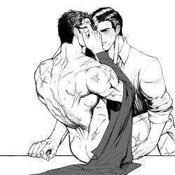 Rule 34 | 2boys, adjusting eyewear, anal, ass, back, bara, batman (series), blush, bruce wayne, clark kent, collared shirt, couple, dc comics, glasses, greyscale, highres, holding another&#039;s leg, holding hands, large pectorals, looking at another, male focus, male penetrated, mature male, monochrome, multiple boys, muscular, muscular male, nude, pectorals, scar, scar on arm, scar on back, sex, shirt, short hair, superman (series), unworn shirt, yaoi, yooko