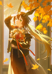 Rule 34 | 1girl, absurdres, alternate costume, amiya (arknights), animal ears, arknights, autumn leaves, black jacket, black skirt, bouquet, branch, brown hair, commentary, cowboy shot, expressionless, falling leaves, floating hair, flower, green eyes, grey shirt, hair between eyes, hand up, highres, holding, holding bouquet, jacket, leaf, light blush, long hair, long skirt, long sleeves, looking at viewer, maple leaf, open clothes, open jacket, orange flower, parted lips, ponytail, rabbit ears, shikisimayu, shirt, sidelighting, skirt, solo, very long hair, white flower, yellow flower