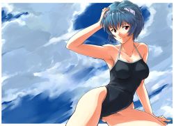 Rule 34 | 1girl, absurdres, arm up, armpits, ayanami rei, bad id, bad pixiv id, blue hair, competition school swimsuit, hand on own head, highres, isshi pyuma, looking at viewer, neon genesis evangelion, one-piece swimsuit, red eyes, school swimsuit, short hair, solo, swimsuit