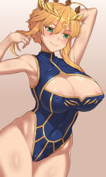 Rule 34 | 1girl, areola slip, armpits, artoria pendragon (fate), artoria pendragon (lancer) (fate), bare arms, bare hips, bare shoulders, blonde hair, blue leotard, blush, braid, braided bun, breasts, circlet, cleavage, cleavage cutout, cleft of venus, clothing cutout, colored eyelashes, commentary request, covered erect nipples, covered navel, cowboy shot, fate/grand order, fate (series), gradient background, green eyes, grey background, groin, hair between eyes, hair bun, heattech leotard, highleg, highleg leotard, highres, large breasts, leotard, long hair, nt00, revision, sidelocks, solo, standing, turtleneck