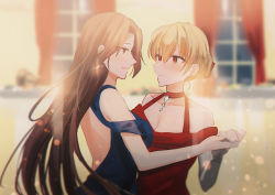 Rule 34 | backless dress, backless outfit, blonde hair, blue dress, blurry, blurry background, blush, breasts, brown eyes, brown hair, chihuri, choker, cleavage, closed mouth, collarbone, curtains, dancing, depth of field, dress, earrings, glint, granblue fantasy, hair between eyes, holding hands, indoors, jewelry, katalina (granblue fantasy), long hair, medium breasts, parted lips, red choker, red dress, red eyes, sleeveless, sleeveless dress, smile, upper body, very long hair, vira (granblue fantasy), window