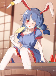 Rule 34 | 1girl, absurdres, animal ears, artist name, blue dress, blue hair, bucket, dress, earclip, ekisutora, feet out of frame, hand fan, highres, holding, holding fan, long hair, one-hour drawing challenge, one eye closed, paper fan, rabbit ears, red eyes, seiran (touhou), short sleeves, signature, sitting, solo, tongue, tongue out, touhou, uchiwa