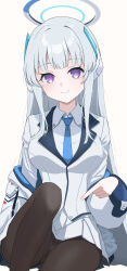 Rule 34 | 1girl, black pantyhose, blazer, blue archive, blue necktie, blunt bangs, breasts, coat, collared shirt, commentary request, grey hair, halo, headgear, highres, jacket, knee up, large breasts, long hair, long sleeves, looking at viewer, necktie, noa (blue archive), open clothes, open coat, panties, panties under pantyhose, pantyhose, pleated skirt, pointing, purple eyes, school uniform, shirt, simple background, sitting, skirt, smile, solo, udon f, underwear, white coat, white shirt, white skirt
