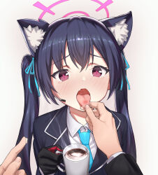 Rule 34 | 1girl, absurdres, ahoge, animal ear fluff, animal ears, bad id, bad pixiv id, black gloves, black hair, blouse, blue archive, blue jacket, blue necktie, blue ribbon, blush, cat ears, cat girl, coffee mug, collared shirt, cup, eyelashes, fang, gloves, hair between eyes, hair ribbon, half gloves, halo, highres, holding, injury, jacket, long hair, long sleeves, looking at viewer, mug, necktie, ochiaki, open mouth, red eyes, ribbon, school uniform, serika (blue archive), shirt, simple background, solo, tongue, tongue grab, tongue out, twintails, upper body, very long hair, white background, white shirt