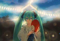 Rule 34 | 1girl, blue eyes, hand fan, green hair, hatsune miku, japanese clothes, light, lights, mitosa, paper fan, solo, tree, twintails, uchiwa, upper body, vocaloid