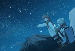 Rule 34 | 2girls, bad id, bad pixiv id, beanie, blue theme, boots, cellphone, chair, coat, dark, dutch angle, happy, hat, highres, hinami047, kagamihara nadeshiko, long hair, looking back, monochrome, mountain, multiple girls, night, night sky, pantyhose, phone, pointing, scarf, shima rin, shorts, sky, smartphone, smile, star (sky), starry sky, tent, winter, winter clothes, winter coat, yurucamp