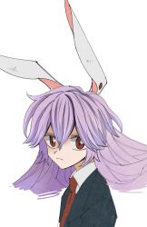 Rule 34 | 1girl, animal ears, black jacket, blazer, closed mouth, collared shirt, hair between eyes, highres, jacket, long hair, necktie, portrait, purple hair, rabbit ears, red eyes, red necktie, reisen udongein inaba, shirt, simple background, solo, staygold, touhou, white background, white shirt