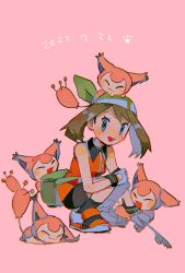 Rule 34 | 1girl, :d, bandana, black shorts, brown hair, cat day, creatures (company), dated, dress, fanny pack, full body, game freak, gen 3 pokemon, gloves, grey eyes, highres, hinann bot, looking at viewer, may (pokemon), may (pokemon emerald), nintendo, open mouth, orange dress, orange footwear, pink background, pokemon, pokemon (creature), pokemon emerald, pokemon rse, shorts, simple background, skitty, sleeveless, sleeveless dress, smile