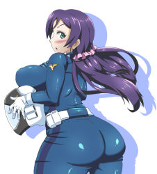 Rule 34 | 10s, 1girl, ass, blue eyes, blush, bodysuit, breasts, curvy, female focus, gloves, hair ornament, huge breasts, kani club, long hair, long twintails, looking back, love live!, love live! school idol project, profile, puffy nipples, purple hair, simple background, solo, standing, tojo nozomi, twintails, white gloves