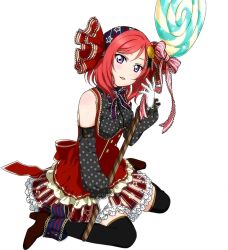 Rule 34 | 10s, 1girl, black thighhighs, bow, candy, candy wrapper, detached sleeves, food, full body, holding, lollipop, looking at viewer, love live!, love live! school idol festival, love live! school idol project, nishikino maki, official art, parted lips, polka dot, red eyes, red hair, ribbon, short hair, sitting, smile, solo, thighhighs, third-party edit, transparent background, wariza, white background, zettai ryouiki