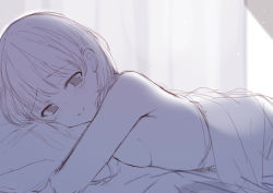 Rule 34 | 1girl, bed sheet, blanket, blush, breast press, breasts, closed mouth, day, from side, hicha nomu, indoors, looking at viewer, looking to the side, lying, monochrome, hugging object, on bed, on stomach, original, pillow, pillow hug, short hair, sideboob, sketch, small breasts, smile, solo, sunlight, under covers, upper body