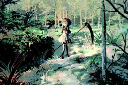 Rule 34 | 1girl, black eyes, black footwear, blonde hair, blunt bangs, bush, capelet, closed mouth, day, dress, forest, frown, full body, grass, holding, holding scythe, hood, hood up, hooded capelet, lace-trimmed capelet, lace trim, lobelia (saclia), long hair, nature, original, outdoors, red capelet, red hood, scythe, shoes, short dress, solo, white dress