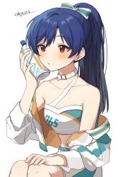 Rule 34 | 1girl, absurdres, alternate breast size, bare shoulders, blue hair, blush, bottle, breasts, choker, collarbone, crop top, hano9789, high ponytail, highres, holding, holding bottle, idolmaster, idolmaster (classic), idolmaster million live!, kisaragi chihaya, long hair, ponytail, red eyes, simple background, sitting, small breasts, solo, sweatdrop, white background, white choker