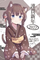 Rule 34 | absurdres, animal ear fluff, animal ears, blue eyes, blush, brown hair, brown kimono, cat ears, cat girl, cat tail, checkered background, closed mouth, colon br, cowboy shot, egasumi, floral print, hair between eyes, hair bun, hair ornament, happy new year, highres, japanese clothes, kanzashi, kimono, long sleeves, looking at viewer, new year, obi, original, own hands together, print kimono, raised eyebrows, sash, short hair with long locks, smile, tail, wide sleeves