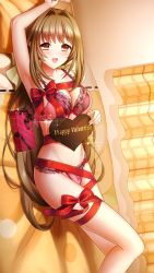 Rule 34 | 1girl, :d, arm up, armpits, bed sheet, bedroom, blush, box, bra, breasts, brown eyes, brown hair, cleavage, collarbone, doukyuusei another world, game cg, gift, gift box, hair intakes, happy valentine, kakyuusei 2, large breasts, lingerie, long hair, lying, midriff, on back, on bed, open mouth, panties, red bra, red panties, red ribbon, ribbon, ribbon-trimmed panties, saimon tamaki, smile, solo, sparkle, stomach, underwear, underwear only, valentine, very long hair