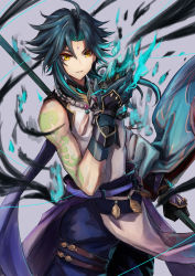 Rule 34 | 1boy, absurdres, bare shoulders, beads, belt, black hair, blue pants, chinese clothes, clenched hand, fire, forehead, gem, genshin impact, gloves, gold trim, green fire, green gloves, green hair, hand up, highres, loincloth, male focus, multicolored hair, muscular, muscular male, open mouth, pants, parted bangs, parted lips, sakazuki sudama, shirt, simple background, sleeveless, sleeveless shirt, streaked hair, tassel, two-tone hair, vision (genshin impact), xiao (genshin impact), yellow eyes