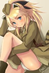 Rule 34 | 1girl, animal ears, arm behind head, artist name, bag, black footwear, black ribbon, blonde hair, blue eyes, boots, brown hair, brown hat, closed mouth, garrison cap, hair ribbon, haruhata mutsuki, hat, katharine ohare, long hair, long sleeves, looking at viewer, military, military hat, military uniform, no pants, panties, ponytail, raccoon girl, ribbon, satchel, shirt, signature, sitting, smile, solo, strike witches: suomus misfits squadron, tail, twitter username, underwear, uniform, white panties, white shirt, world witches series