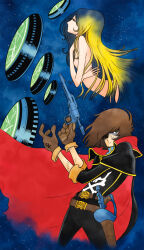 Rule 34 | 1boy, 1girl, ab (atstudio), black pants, black shirt, blonde hair, brown gloves, brown hair, cape, closed eyes, closed mouth, emeraldas, eyepatch, gloves, gun, harlock, harlock saga, highres, holding, holding gun, holding weapon, long hair, matsumoto leiji (style), nude, official style, pants, red cape, shirt, skull and crossbones, split mouth, stitched arm, stitched face, stitches, uchuu kaizoku captain harlock, very long hair, weapon