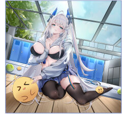 &gt;_&lt; 1girl 1nstill @_@ absurdres azur_lane ball blue_eyes blue_horns breasts brown_thighhighs cleavage dutch_angle full_body grey_hoodie highres hood hoodie horns indoors large_breasts locker locker_room long_hair manjuu_(azur_lane) miniskirt navel official_alternate_costume pleated_skirt racket skirt suffren_(azur_lane) suffren_(impulsive_incident)_(azur_lane) tennis_ball tennis_racket thighhighs very_long_hair wooden_floor zettai_ryouiki