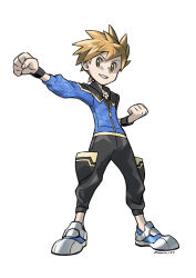 Rule 34 | 1boy, artist name, black pants, black wristband, blue oak, blue oak (sygna suit), clenched hands, clenched teeth, creatures (company), donnpati, full body, game freak, highres, jacket, legs apart, looking to the side, male focus, nintendo, official alternate costume, orange hair, pants, parted lips, pokemon, pokemon masters ex, shoes, short hair, simple background, smile, solo, spiked hair, standing, teeth, white background, zipper, zipper pull tab