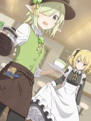 Rule 34 | 2girls, alternate costume, aoi (princess connect!), apron, beret, black pants, black ribbon, blonde hair, blunt bangs, blurry, blurry background, blush, brown apron, cafe, center frills, chloe (princess connect!), coffee pot, collared shirt, cowboy shot, cup, dutch angle, enmaided, frills, fujiyama (yellow), green eyes, green hair, green vest, hair over one eye, hair ribbon, hands up, hat, highres, holding, holding coffee pot, holding plate, long sleeves, looking at viewer, maid, maid apron, multiple girls, neck ribbon, open mouth, pants, plank, plate, pointy ears, princess connect!, purple eyes, ribbon, shirt, sidelocks, skirt hold, sweatdrop, swept bangs, twintails, vest, waist apron, wavy mouth, white shirt, yellow ribbon