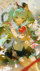 Rule 34 | 1girl, absurdres, animal ear fluff, animal ears, black hat, black skirt, blue eyes, blue hair, blue nails, blue necktie, candy, cat ears, commentary request, detached sleeves, food, grey shirt, hat, hatsune miku, heart, heart-shaped lollipop, highres, holding, holding candy, holding food, holding lollipop, lollipop, long hair, looking at viewer, necktie, ruoganzhao, shaped lollipop, shirt, sitting, skirt, sleeveless, sleeveless shirt, smile, solo, top hat, very long hair, vocaloid