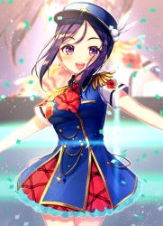 Rule 34 | 1girl, bad id, bad pixiv id, blue hair, blue hat, blush, breasts, cowboy shot, earrings, feather hair ornament, hair ornament, happy party train, hat, jewelry, large breasts, looking at viewer, love live!, love live! sunshine!!, matsuura kanan, moyui (myi 005), open mouth, peaked cap, purple eyes, short hair, short sleeves, smile, solo