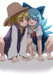 Rule 34 | 2girls, ;d, bare legs, barefoot, blonde hair, blue bow, blue dress, blue eyes, blue hair, blush, bow, cheek-to-cheek, cirno, dress, hair bow, heads together, highres, ice, ice wings, long hair, looking at another, looking to the side, mikan (manmarumikan), moriya suwako, multiple girls, one eye closed, open mouth, purple dress, simple background, smile, squatting, touhou, white background, wings, yuri