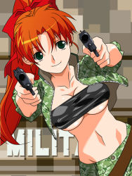Rule 34 | 1girl, bandeau, breasts, camouflage, cleavage, dual wielding, covered erect nipples, green eyes, gun, hair ribbon, handgun, high ponytail, holding, jacket, large breasts, long hair, looking at viewer, mana (super real mahjong), navel, open clothes, open jacket, orange hair, pistol, pointing, pointing at viewer, ribbon, smile, solo, strapless, super real mahjong, tanaka ryou, tube top, underboob, weapon