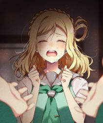 Rule 34 | 1girl, 1other, aqua neckerchief, aqua vest, blonde hair, blurry, blurry background, blurry foreground, braid, clenched hands, commentary, crown braid, crying, closed eyes, grey sailor collar, hair rings, hands up, highres, love live!, love live! sunshine!!, medium hair, neckerchief, nky4321, ohara mari, open mouth, pov, pov hands, sailor collar, school uniform, summer uniform, tears, teeth, tie clip, upper body, upper teeth only, uranohoshi school uniform, vest